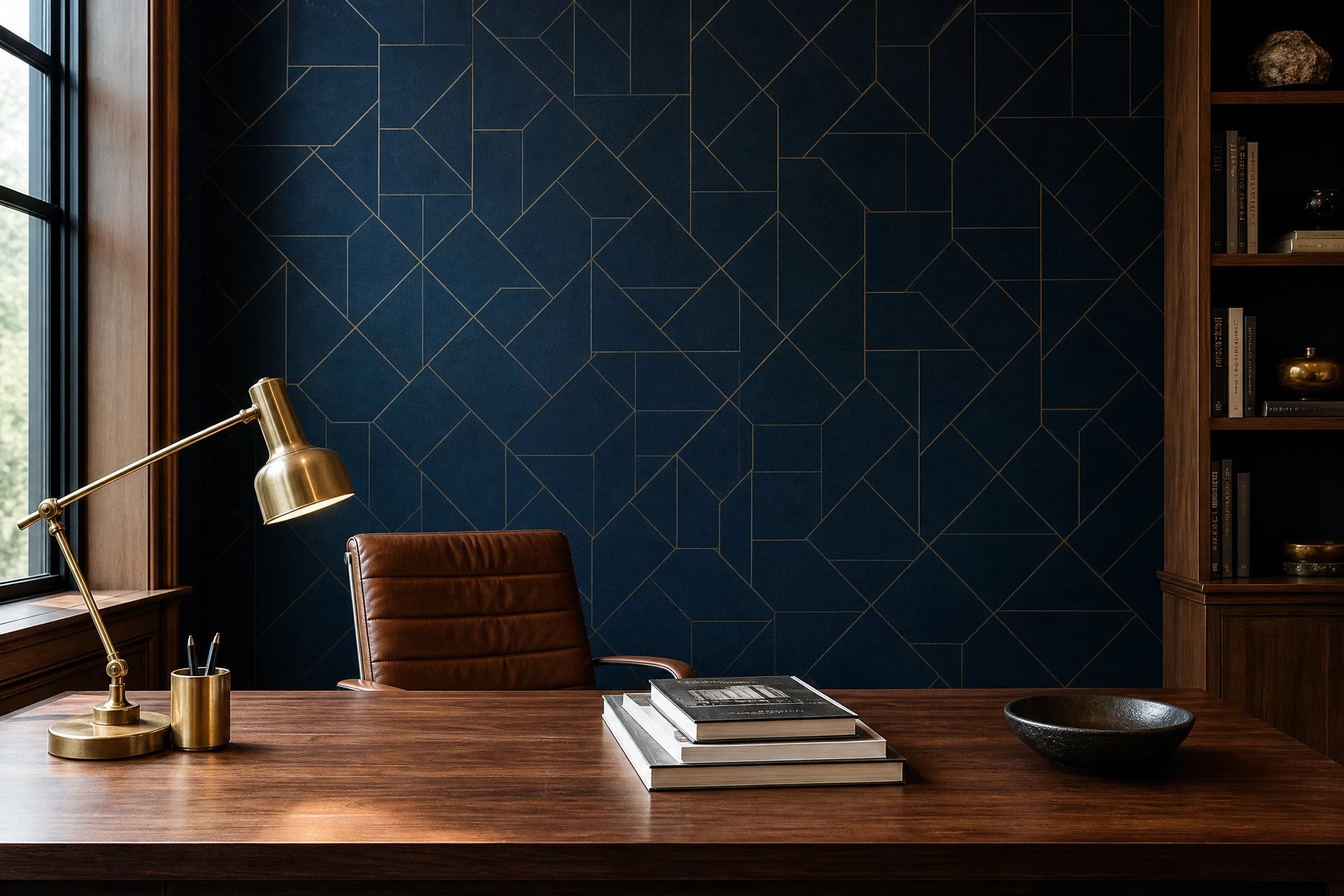 Office accent wall with geometric wallpaper in Philadelphia, Pennsylvania