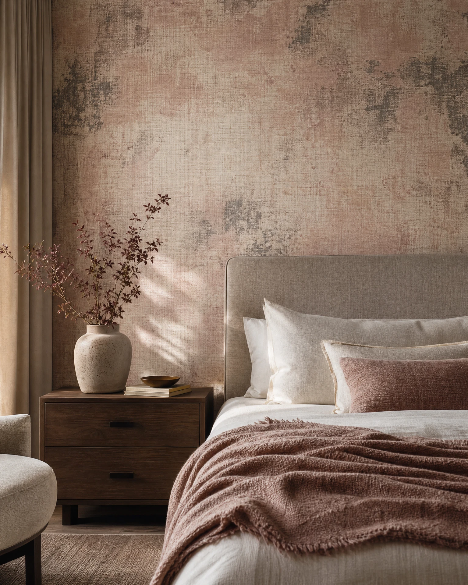 Calm bedroom with linen-textured wallpaper in Chester, Pennsylvania