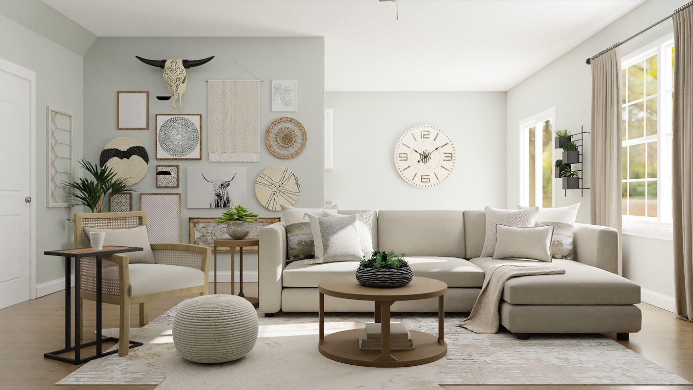 Collected living room with botanical wallpaper in Chester, Pennsylvania